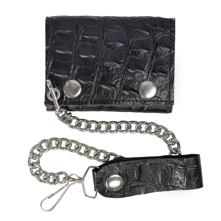 Milwaukee Leather Black Leather Crocodile-Stamped Tri-Fold Wallet, MLW7842