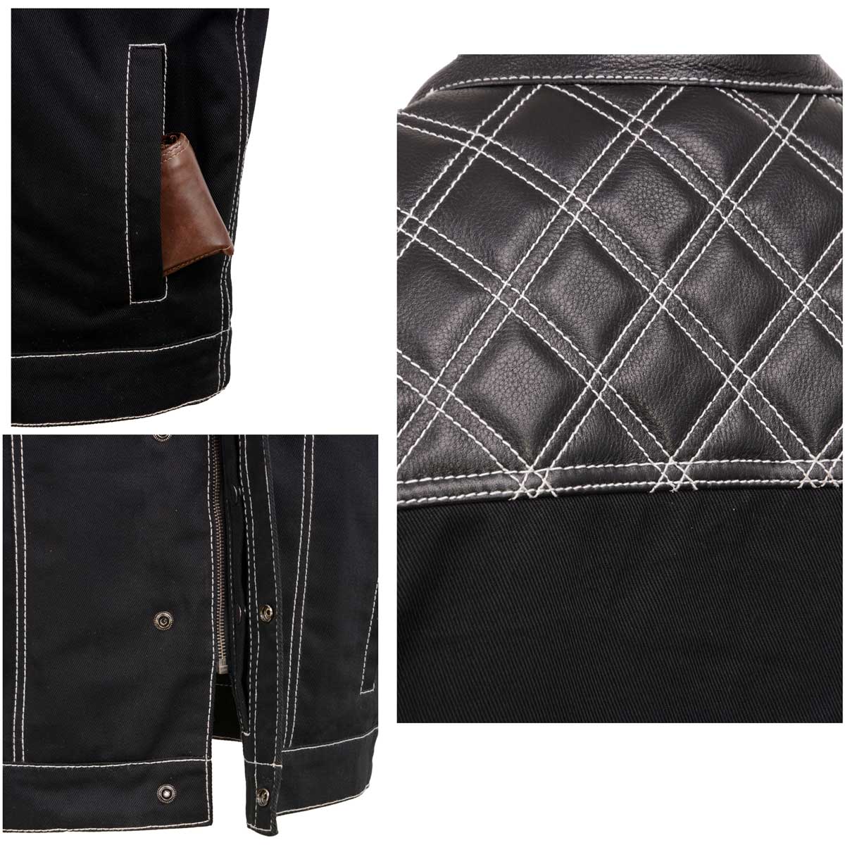 Milwaukee Leather MDM3035 Men’s Wrecker Club Vest – Black Denim & Leather, Diamond Quilt, White Stitch
