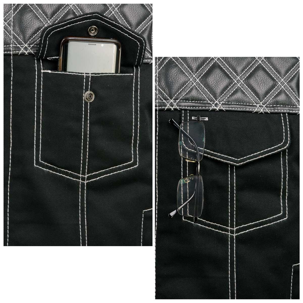 Milwaukee Leather MDM3035 Men’s Wrecker Club Vest – Black Denim & Leather, Diamond Quilt, White Stitch