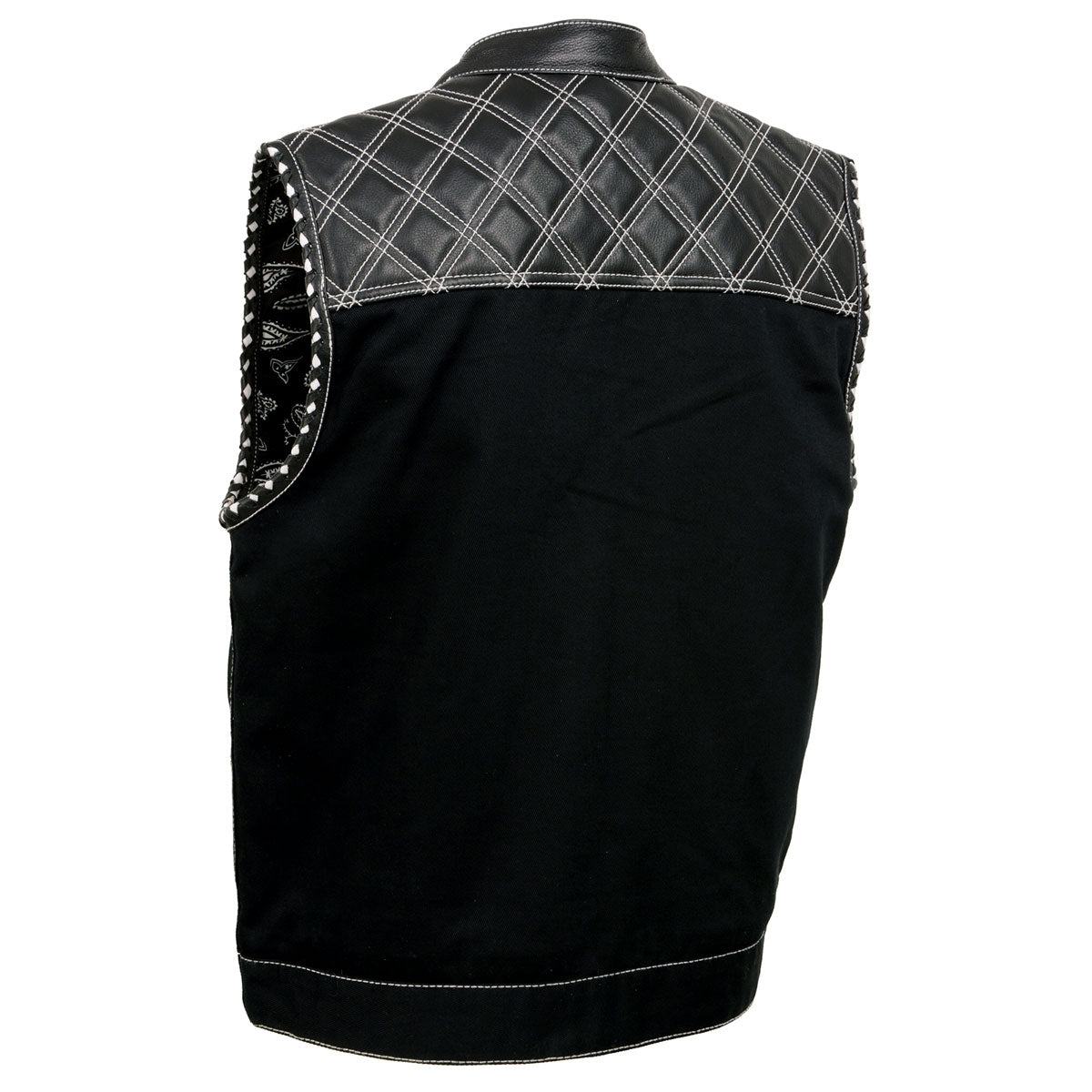 Milwaukee Leather MDM3035 Men’s Wrecker Club Vest – Black Denim & Leather, Diamond Quilt, White Stitch