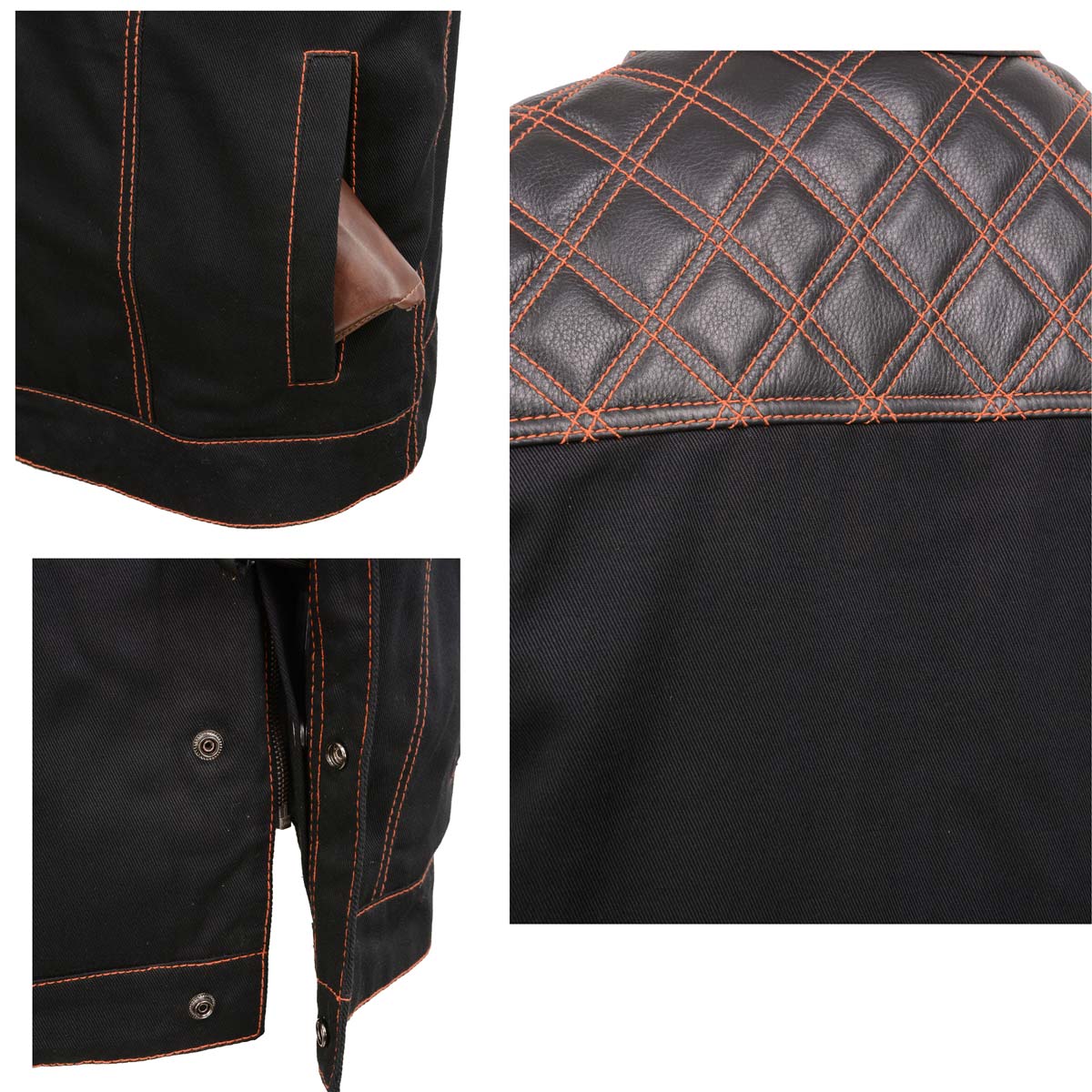 Milwaukee Leather MDM3037 Men’s Wrecker Club Vest – Black Denim & Leather, Diamond Quilt, Orange Stitch