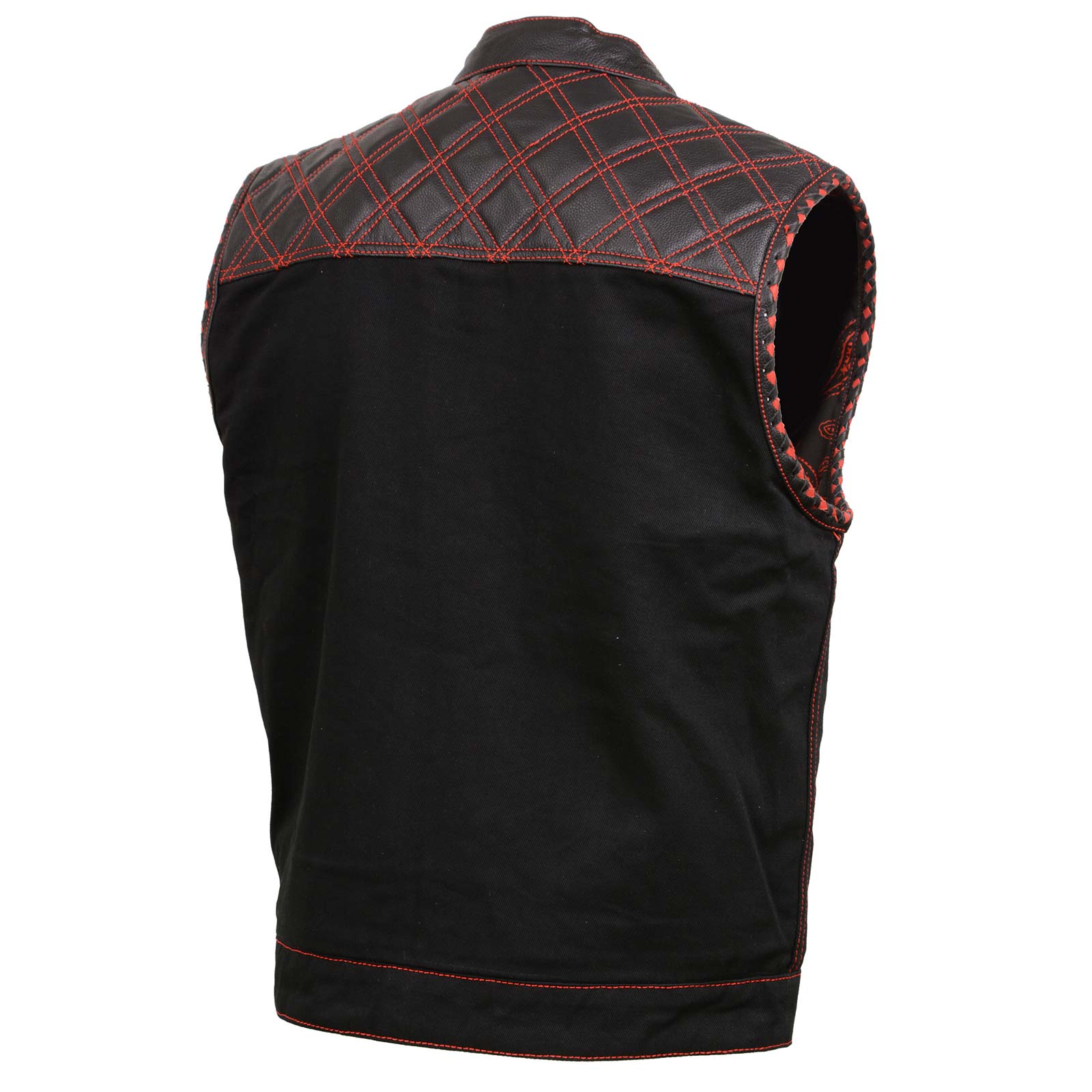 Milwaukee Leather MDM3036 Men’s Wrecker Club Vest – Black Denim & Leather, Diamond Quilt, Red Stitch