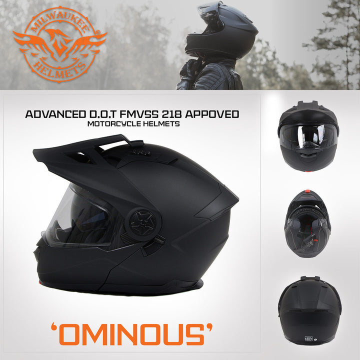 Milwaukee Helmets MPH9820DOT Flat Black Ominous Dual Sport Advanced Motorcycle Modular Helmet Biker
