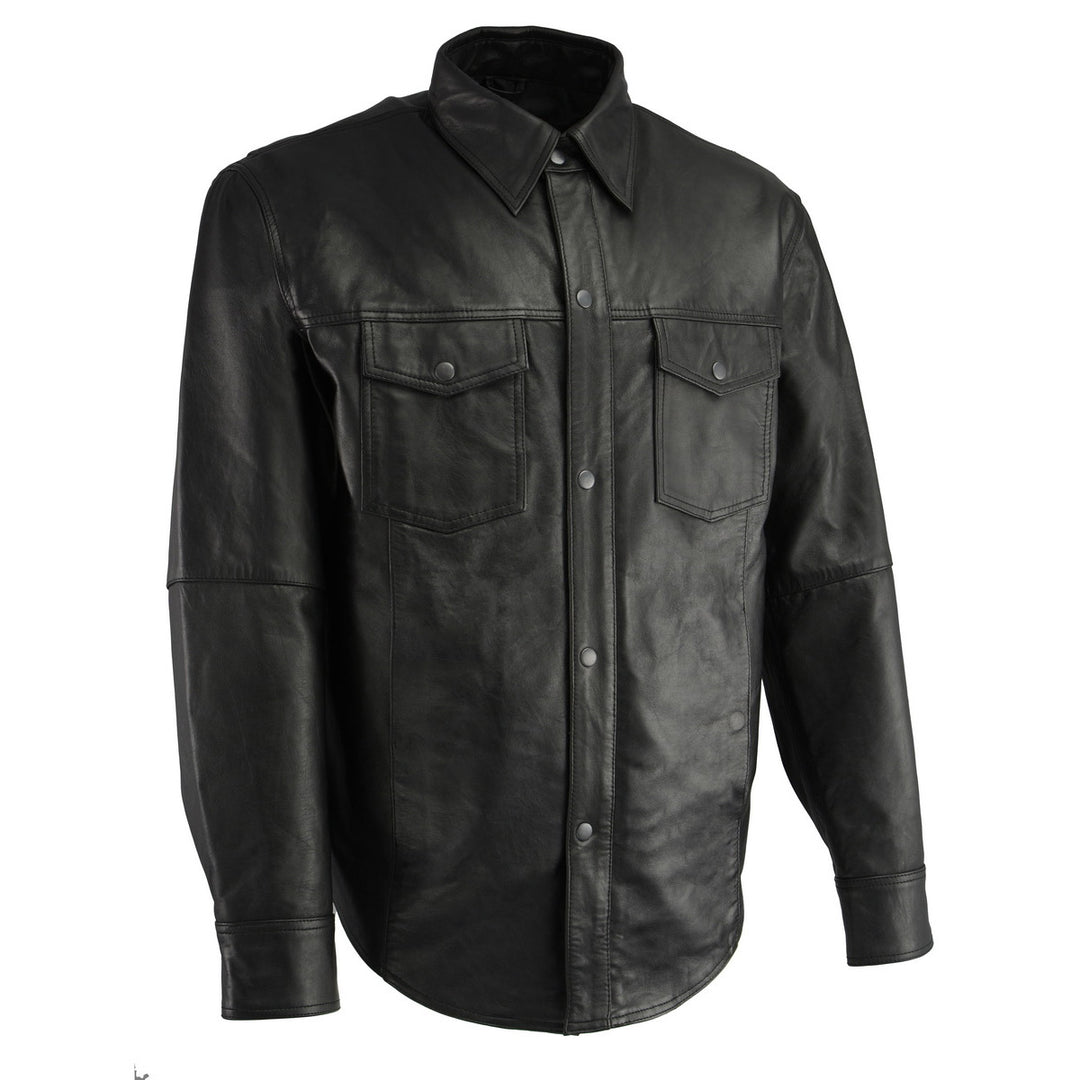 Milwaukee Leather LKM1601 Men's Suave Lightweight Leather Shirt - Black Cowhide Snap Front Riding Overshirt