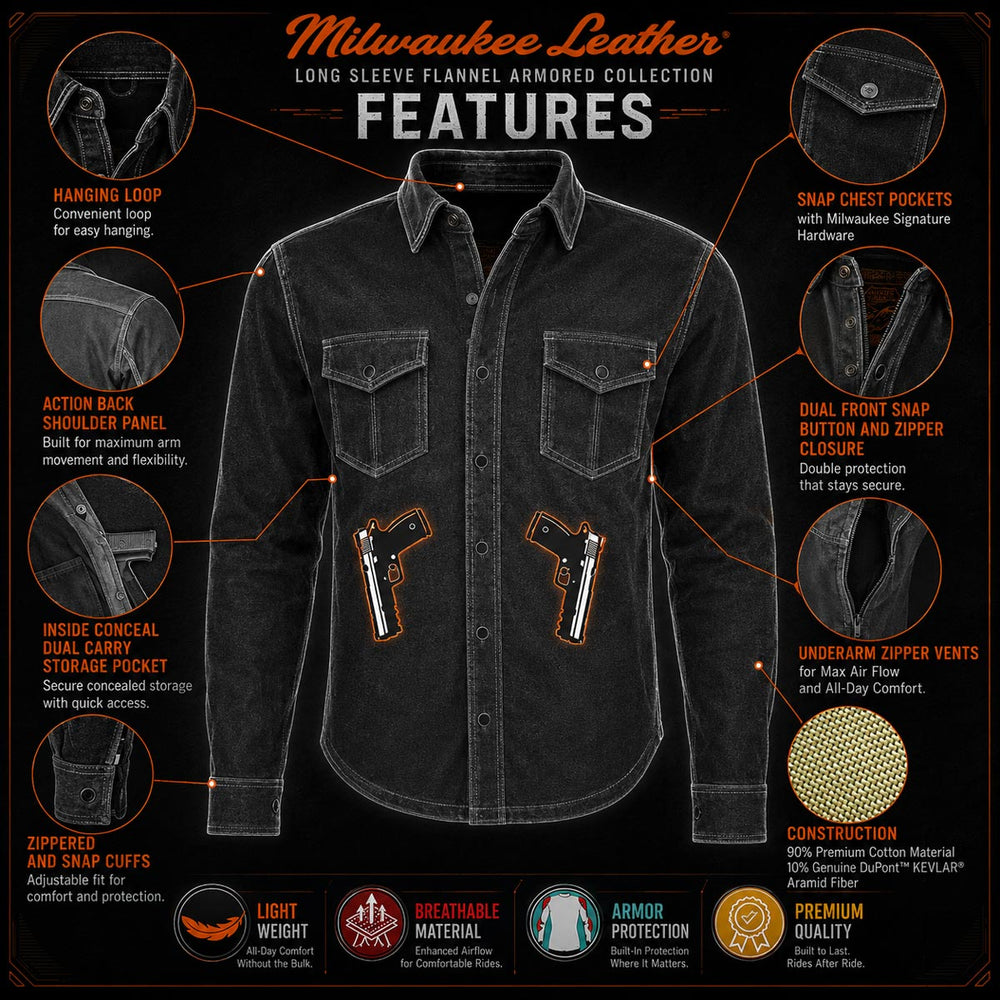 Milwaukee Leather MPM1623 Men's Black CE Armored Long Sleeve Biker Shirt Jacket Reinforced w/ Aramid Fibers