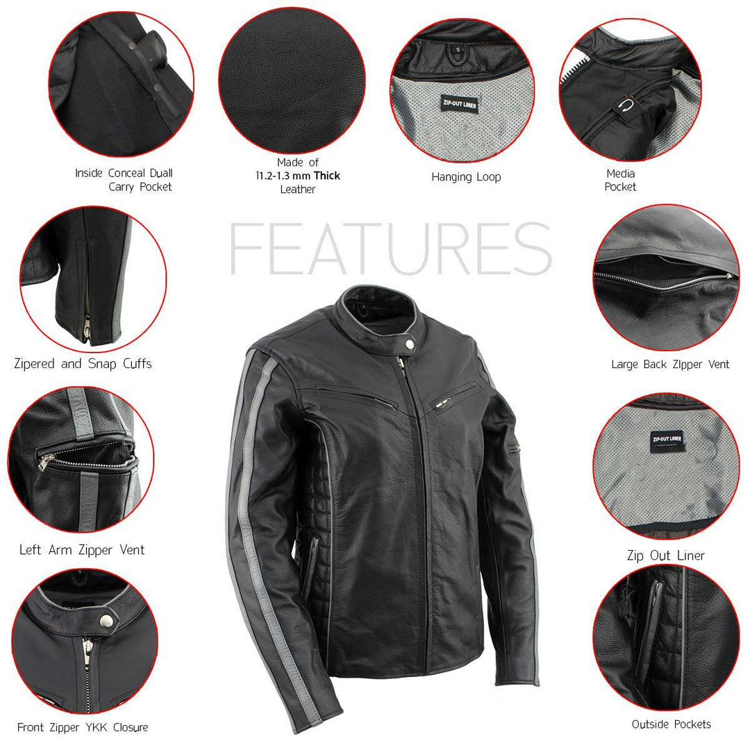 Milwaukee Leather LKL27000 Women’s  Black with Silver Multi Vented Leather Motorcycle Jacket
