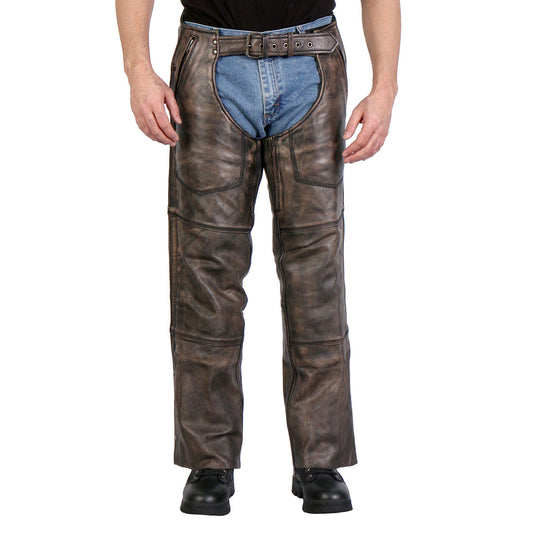 Hot Leathers CHM1008 Unisex Distressed Brown Premium Motorcycle Leather Chaps