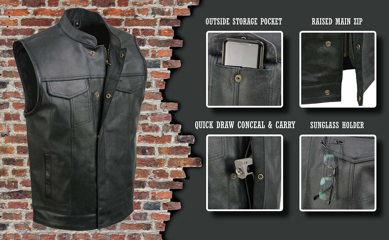 Event Leather Men's Rapid Fire Black Leather Motorcycle Vest, ELM3910