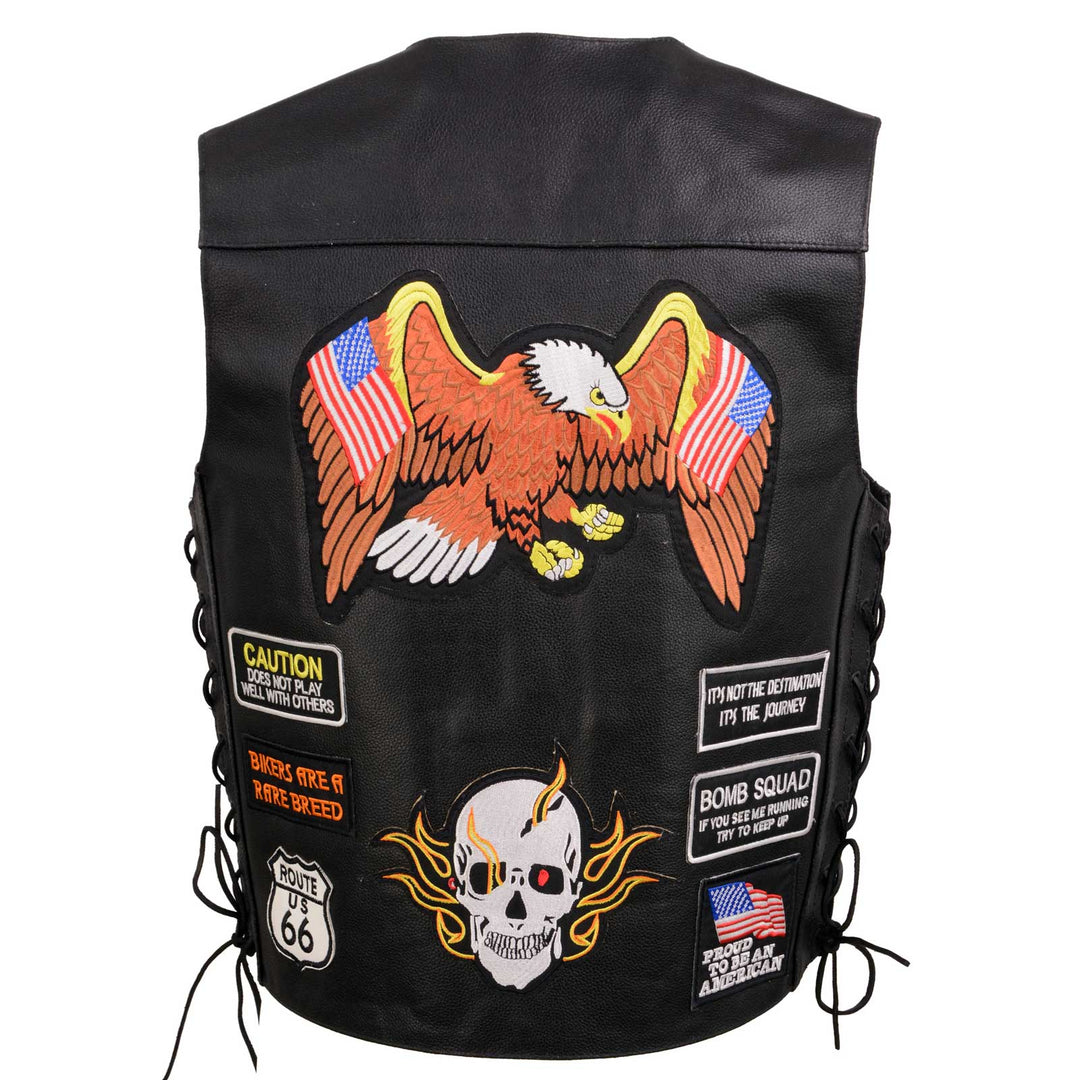 Event Leather ELM3920 Men's Black Leather Pre-Patched Bikers Vest w/ 6 Pockets - 23 Patches and Side Laces