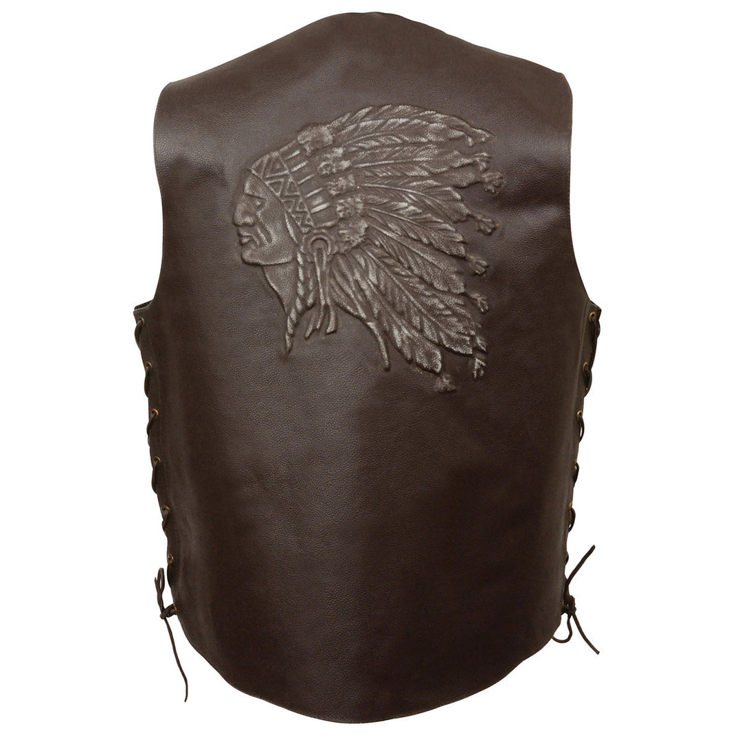 Event Leather ELM3935 Men's Motorcycle Riders Brown Leather Vest with Embossed Native American Head