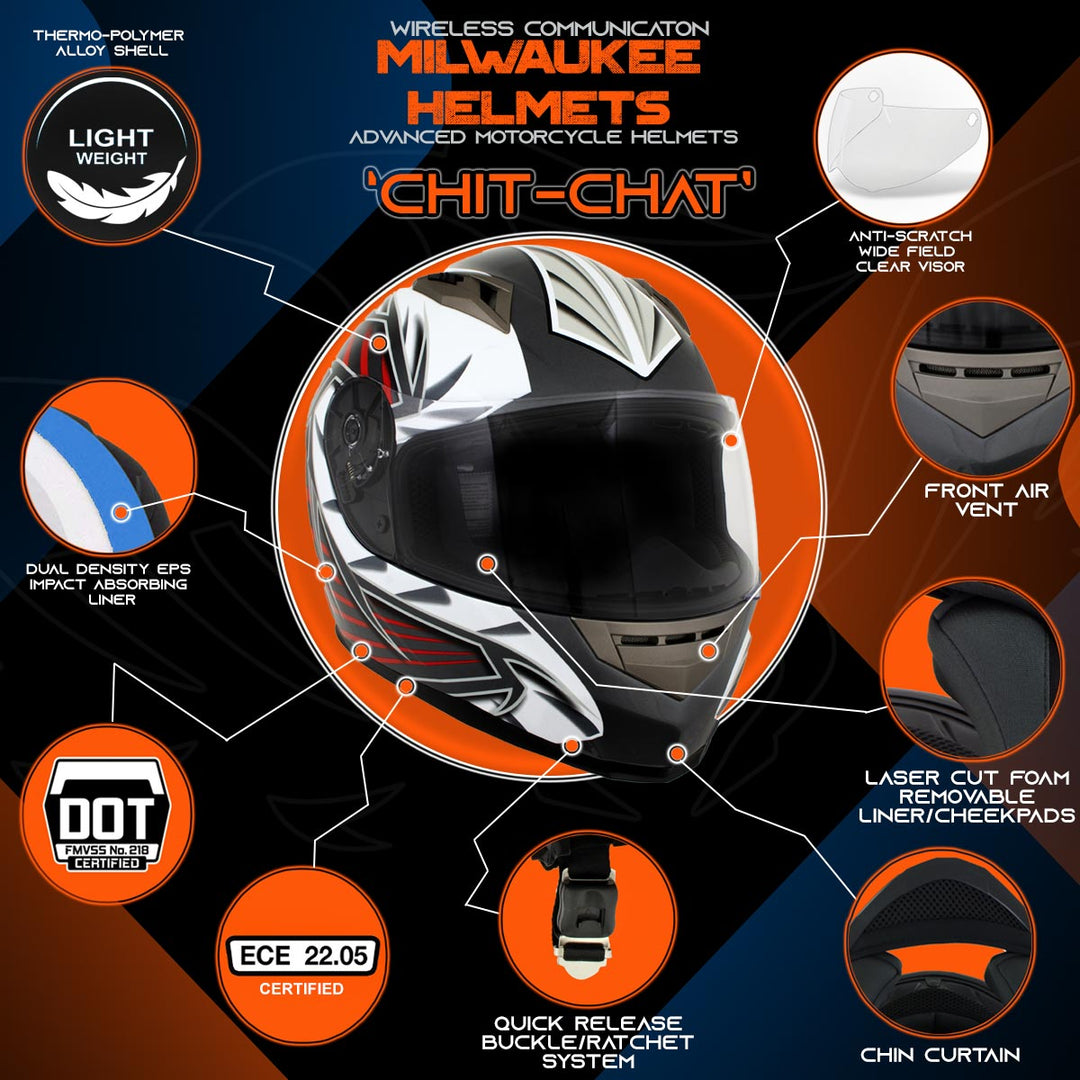 Milwaukee Helmets H520 Titanium and Red Chit-Chat Full Face Wireless Motorcycle Helmet-Stream Music-Phone Calls