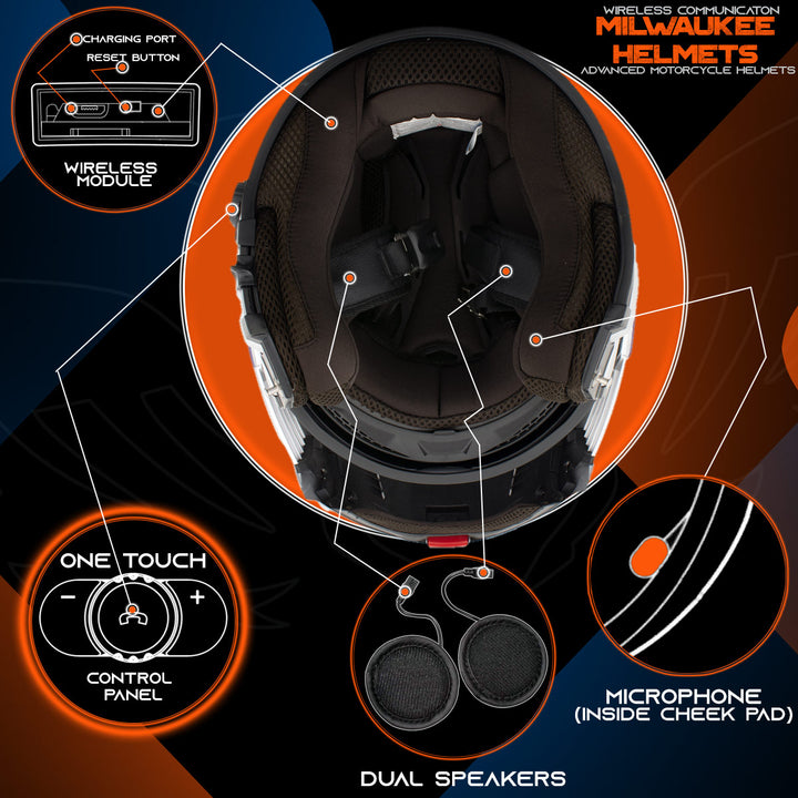 Milwaukee Helmets H7005 Flat Black Mayday Modular Full Face Wireless Motorcycle Helmet-Stream Music-Phone Calls