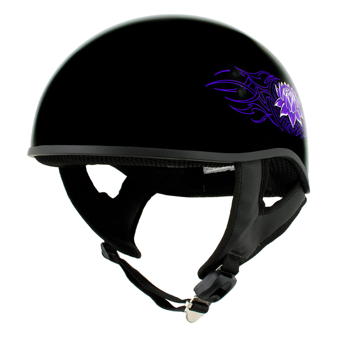 Hot Leathers HLD1005 Lady Lotus Gloss Black Motorcycle DOT Approved Skull Cap Half Helmet Biker