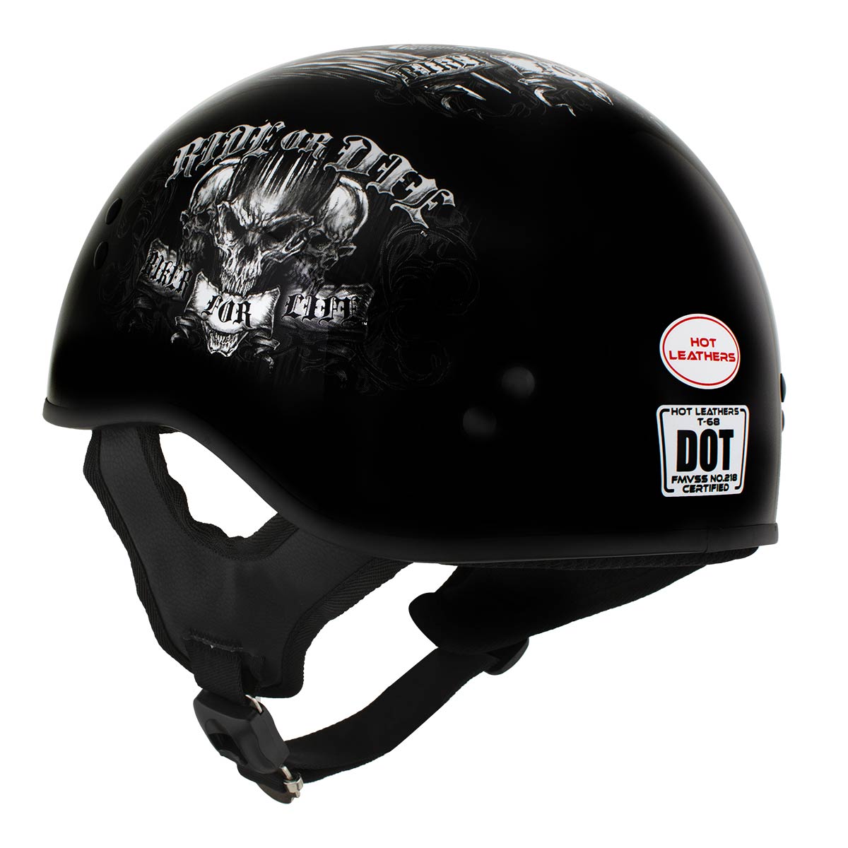 Hot Leathers HLD1016 Ride or Die Gloss Black Motorcycle DOT Skull Cap Half Helmet Biker