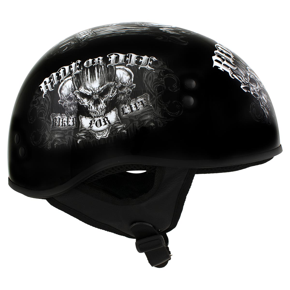 Hot Leathers HLD1016 Ride or Die Gloss Black Motorcycle DOT Skull Cap Half Helmet Biker