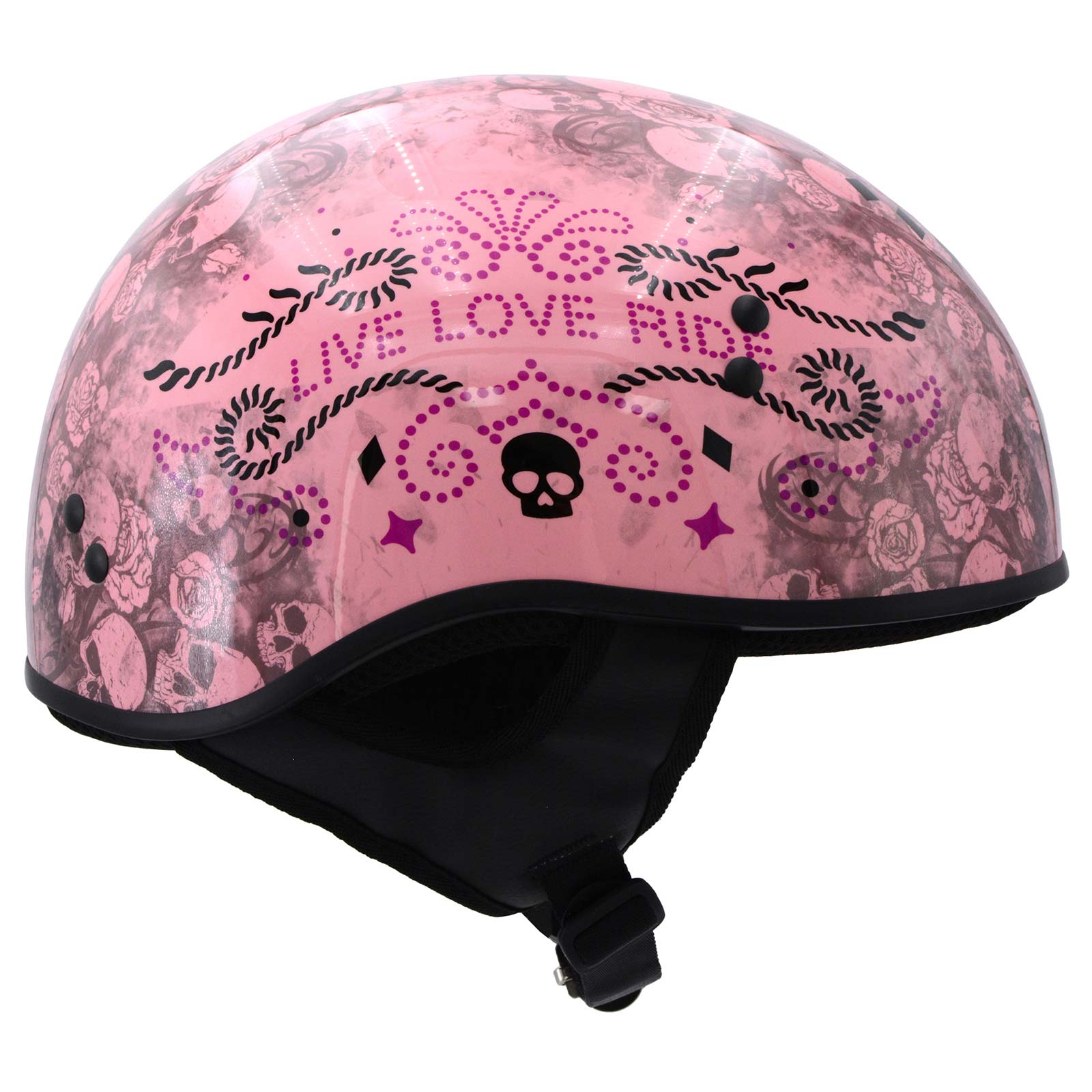 Hot Leathers HLD1048 Live, Love Ride Gloss Pink Motorcycle DOT Approved Skull Cap Half Biker Helmet
