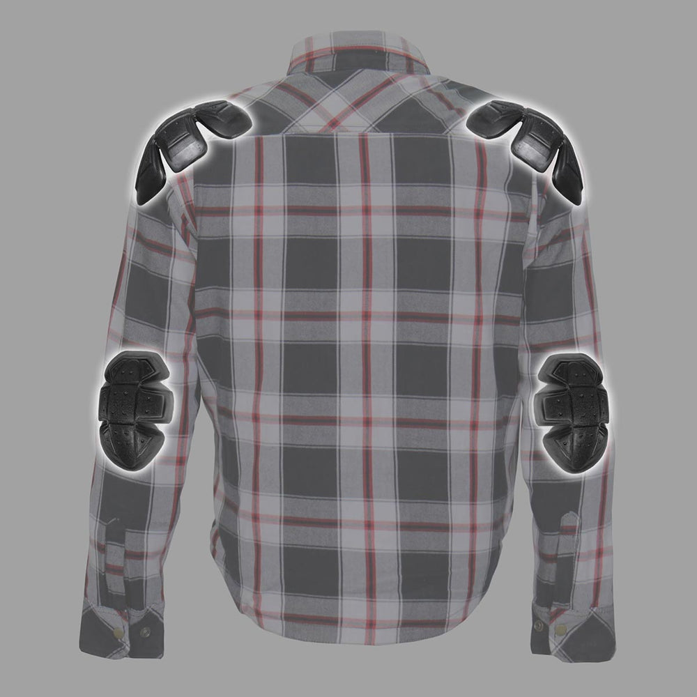 Hot Leathers JKM3001 Men's Red/White CE Armored Flannel Motorcycle Shirt  Jacket - Aramid Fiber Reinforced