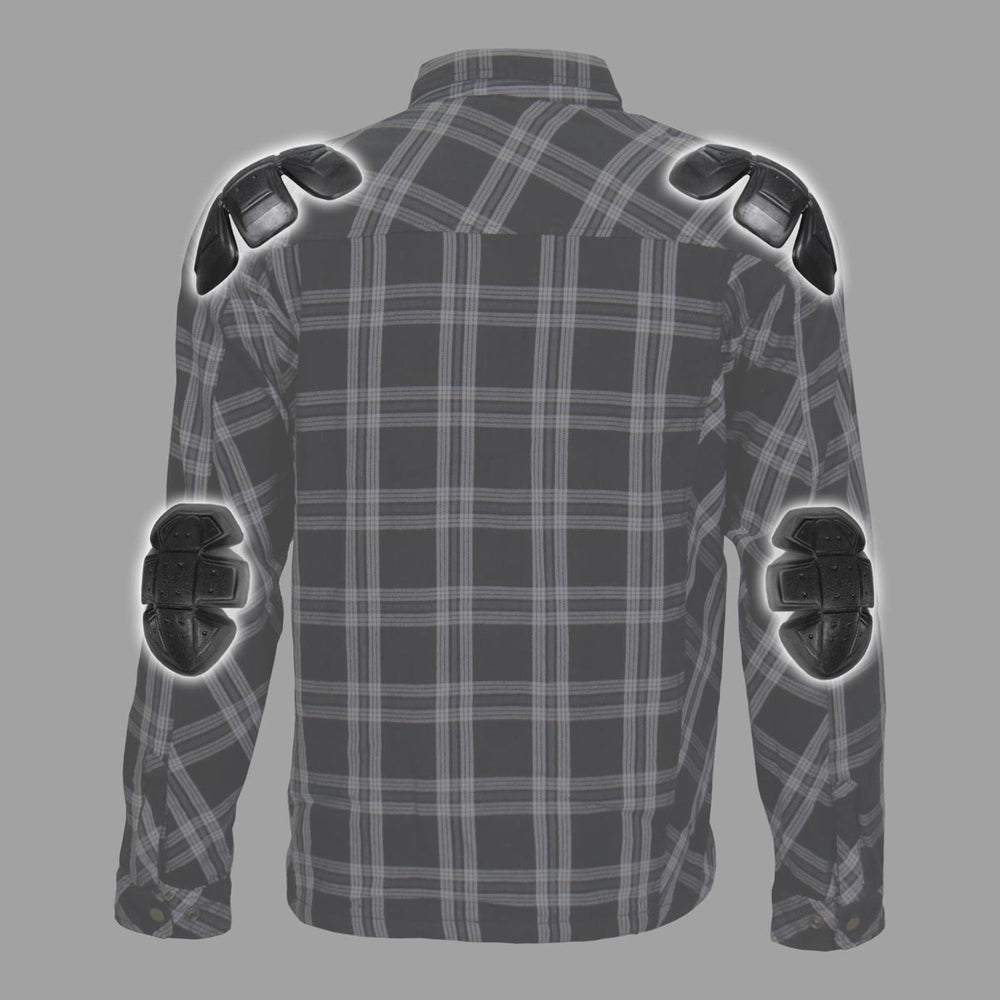Hot Leathers JKM3002 Men's Black/White CE Armored Flannel Motorcycle Shirt Jacket - Aramid Fiber Reinforced