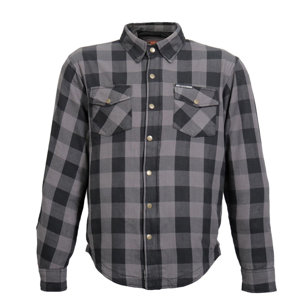 Hot Leathers JKM3004 Men's Grey/Black CE Armored Flannel Motorcycle Shirt Jacket - Aramid Fiber Reinforced