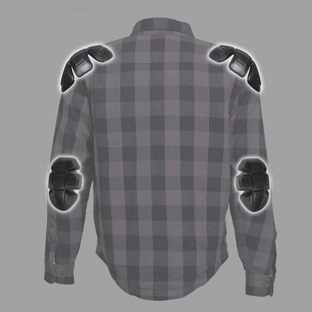 Hot Leathers JKM3004 Men's Grey/Black CE Armored Flannel Motorcycle Shirt Jacket - Aramid Fiber Reinforced