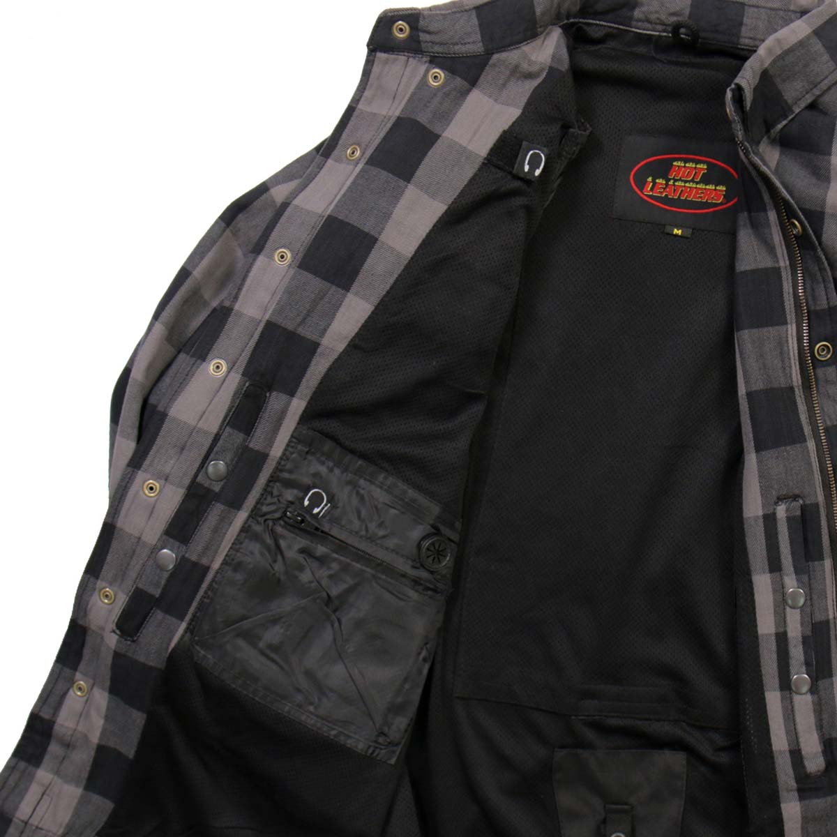Hot Leathers JKM3004 Men's Grey/Black CE Armored Flannel Motorcycle Shirt Jacket - Aramid Fiber Reinforced