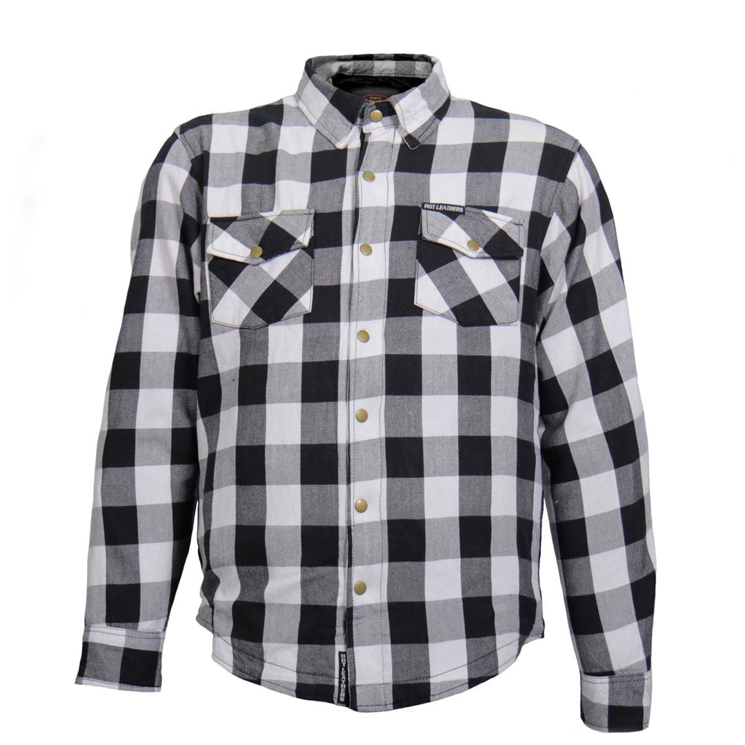 Hot Leathers JKM3005 Men's White/Black CE Armored Flannel Motorcycle Shirt Jacket - Aramid Fiber Reinforced