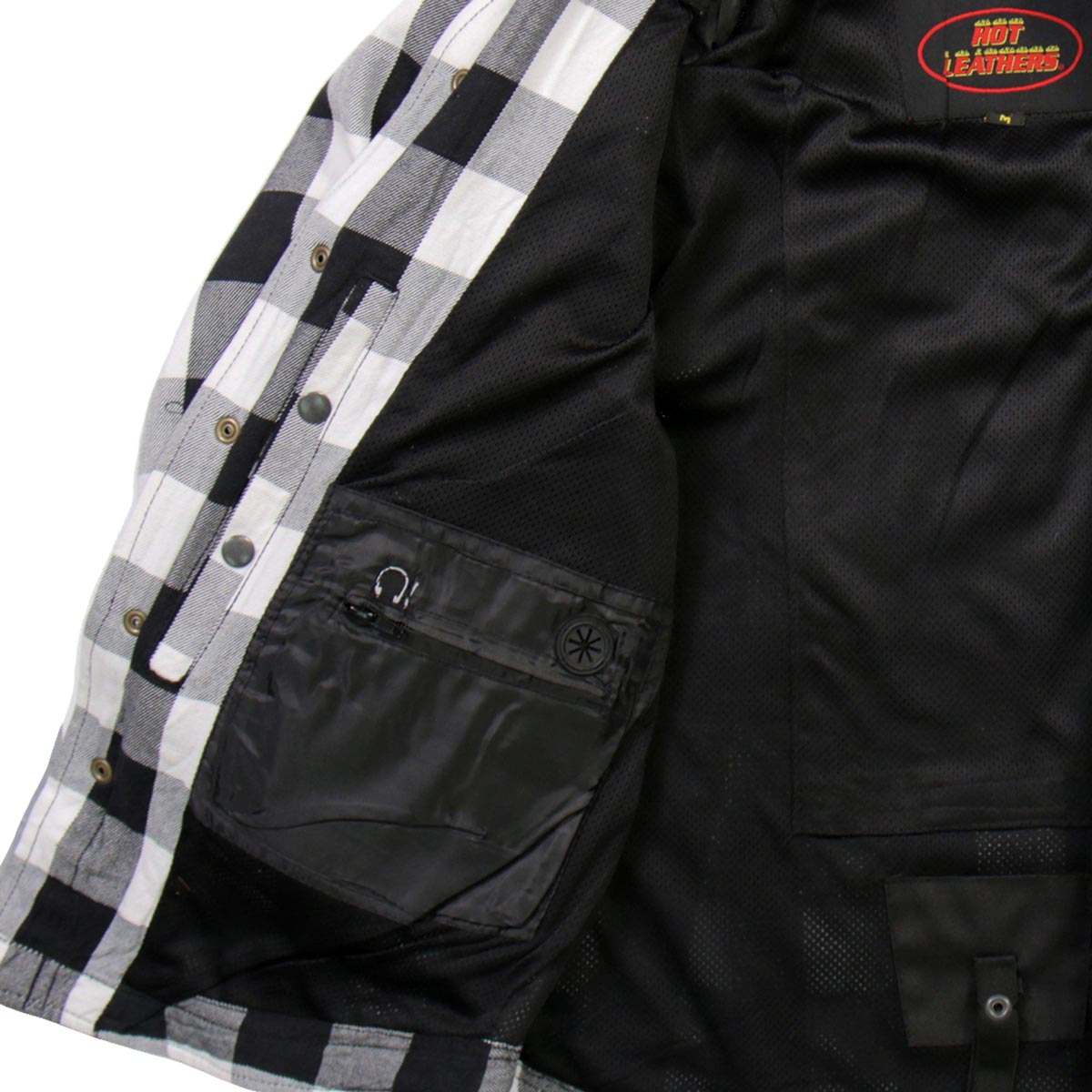 Hot Leathers JKM3005 Men's White/Black CE Armored Flannel Motorcycle Shirt Jacket - Aramid Fiber Reinforced