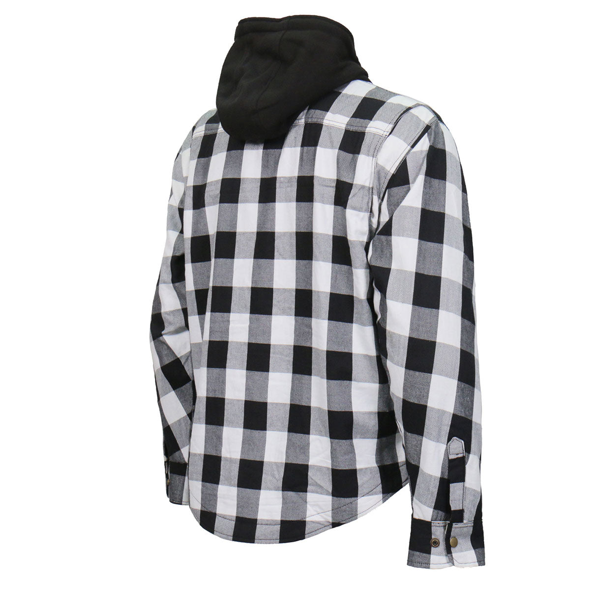 Hot Leathers JKM3006 Men’s Black/White Hooded CE Armored Flannel Motorcycle Shirt Jacket - Aramid Fiber Reinforced
