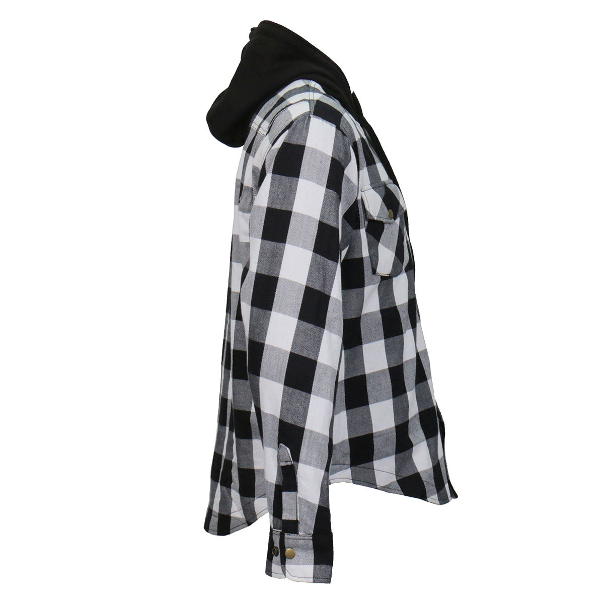 Hot Leathers JKM3006 Men’s Black/White Hooded CE Armored Flannel Motorcycle Shirt Jacket - Aramid Fiber Reinforced