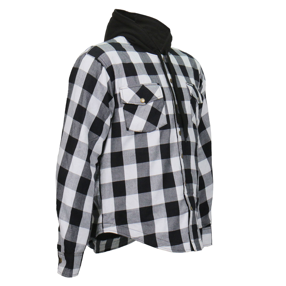Hot Leathers JKM3006 Men’s Black/White Hooded CE Armored Flannel Motorcycle Shirt Jacket - Aramid Fiber Reinforced