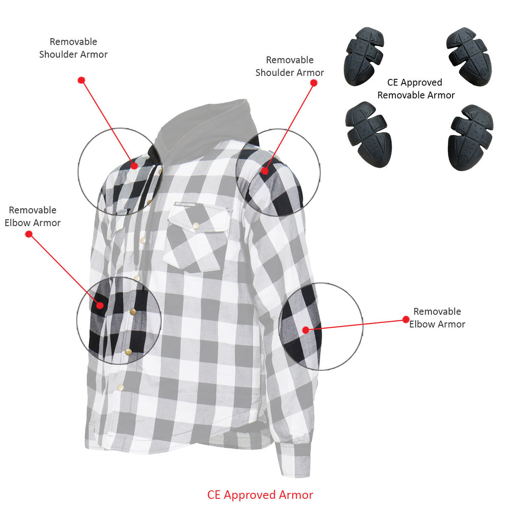 Hot Leathers JKM3006 Men’s Black/White Hooded CE Armored Flannel Motorcycle Shirt Jacket - Aramid Fiber Reinforced