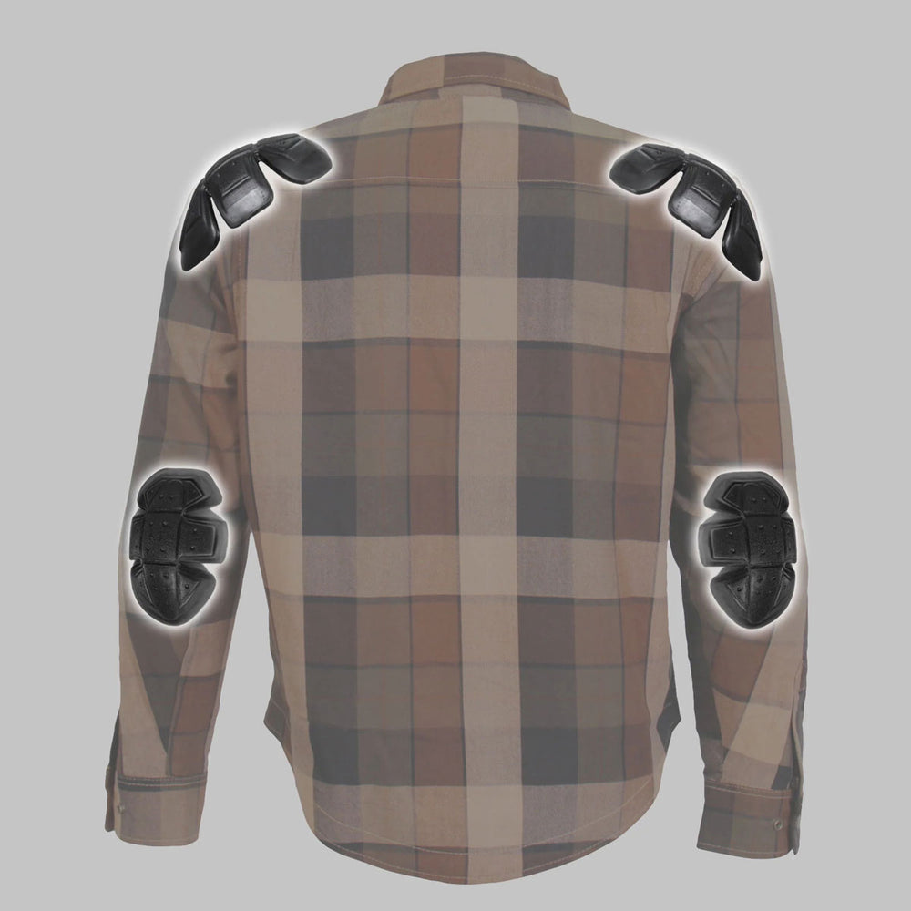 Hot Leathers JKM3007 Men's Black/Brown CE Armored Flannel Motorcycle Shirt Jacket - Aramid Fiber Reinforced