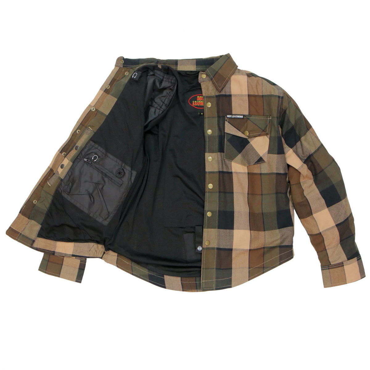 Hot Leathers JKM3007 Men's Black/Brown CE Armored Flannel Motorcycle Shirt Jacket - Aramid Fiber Reinforced