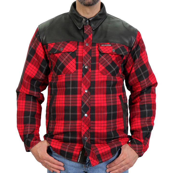 Hot Leathers JKM3201 Men’s CE Armored Flannel Motorcycle Shirt Jacket - Aramid Reinforced w/ Leather Shoulder Panels
