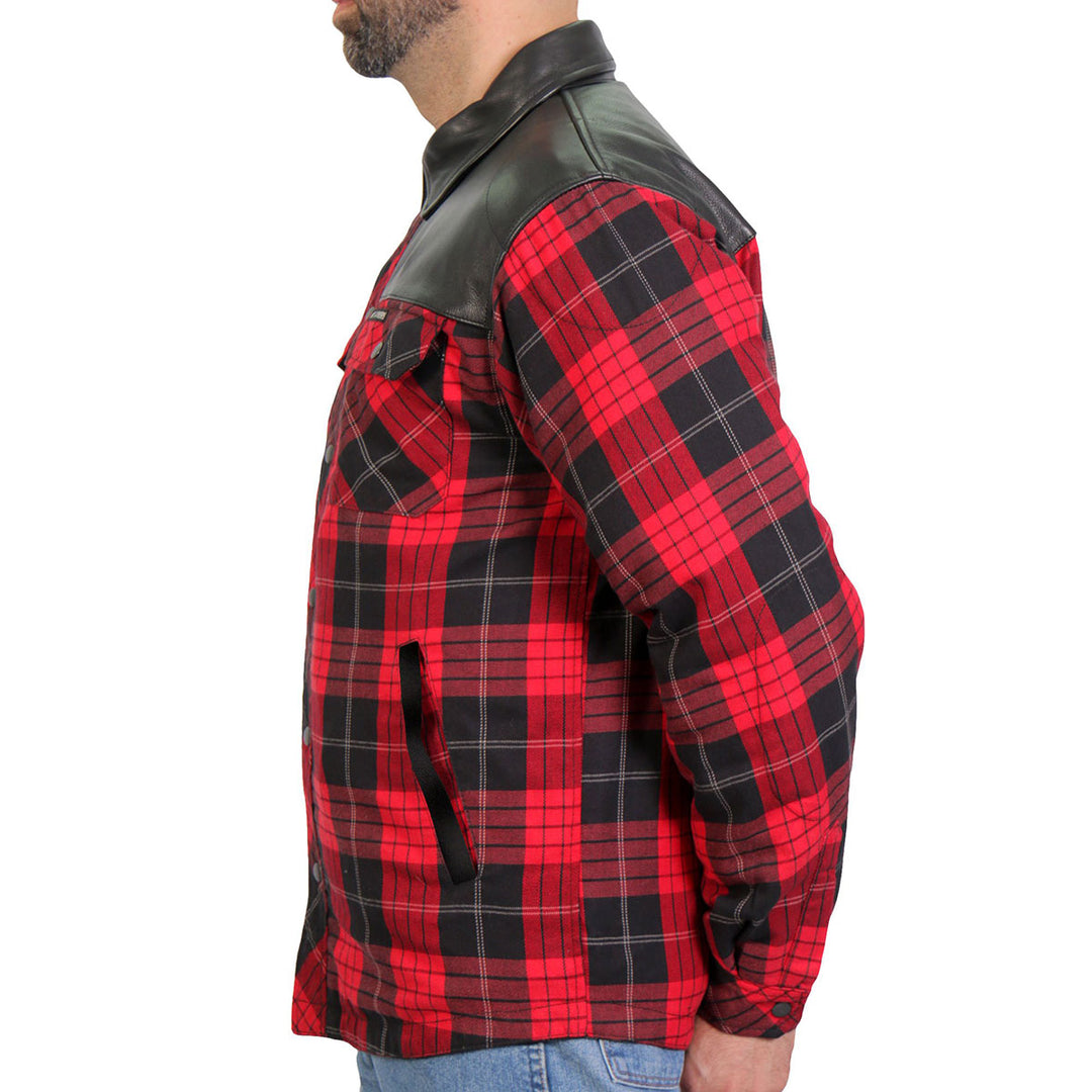 Hot Leathers JKM3201 Men’s CE Armored Flannel Motorcycle Shirt Jacket - Aramid Reinforced w/ Leather Shoulder Panels