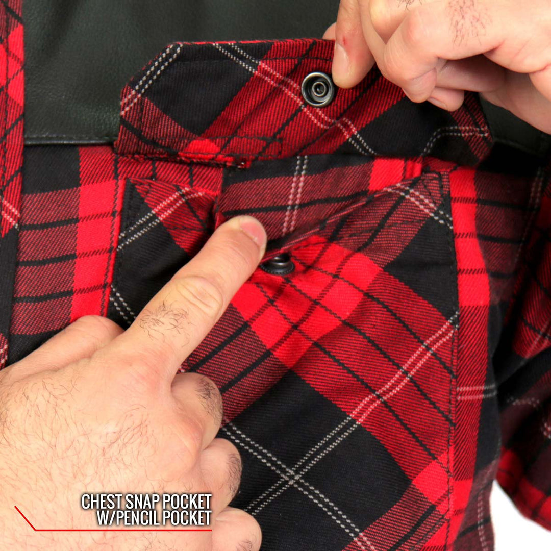 Hot Leathers JKM3201 Men’s CE Armored Flannel Motorcycle Shirt Jacket - Aramid Reinforced w/ Leather Shoulder Panels