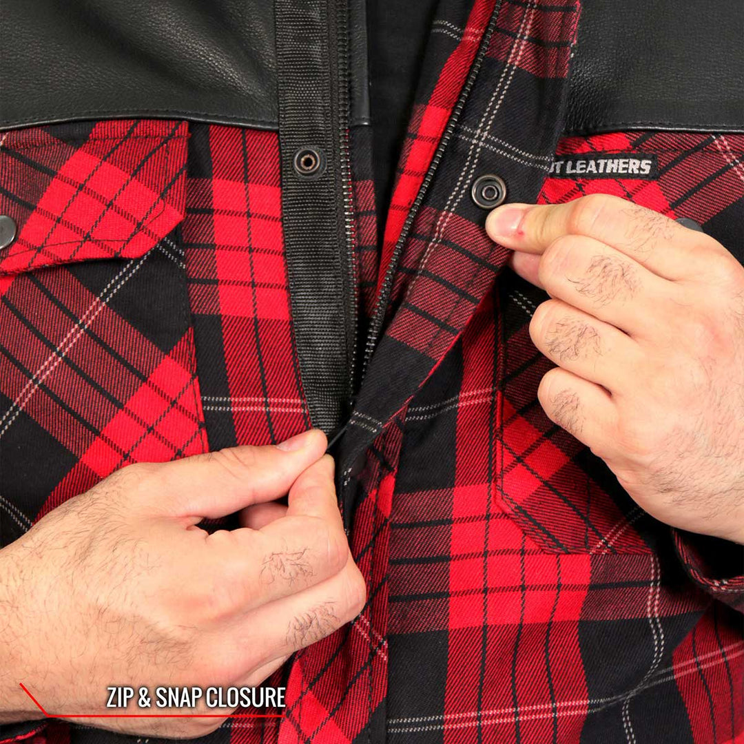 Hot Leathers JKM3201 Men’s CE Armored Flannel Motorcycle Shirt Jacket - Aramid Reinforced w/ Leather Shoulder Panels