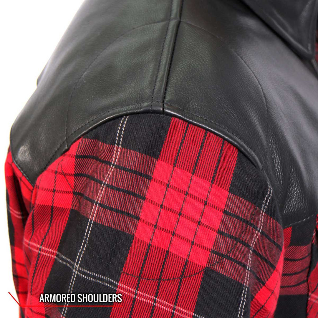 Hot Leathers JKM3201 Men’s CE Armored Flannel Motorcycle Shirt Jacket - Aramid Reinforced w/ Leather Shoulder Panels