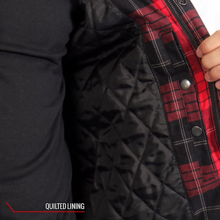 Hot Leathers JKM3201 Men’s CE Armored Flannel Motorcycle Shirt Jacket - Aramid Reinforced w/ Leather Shoulder Panels
