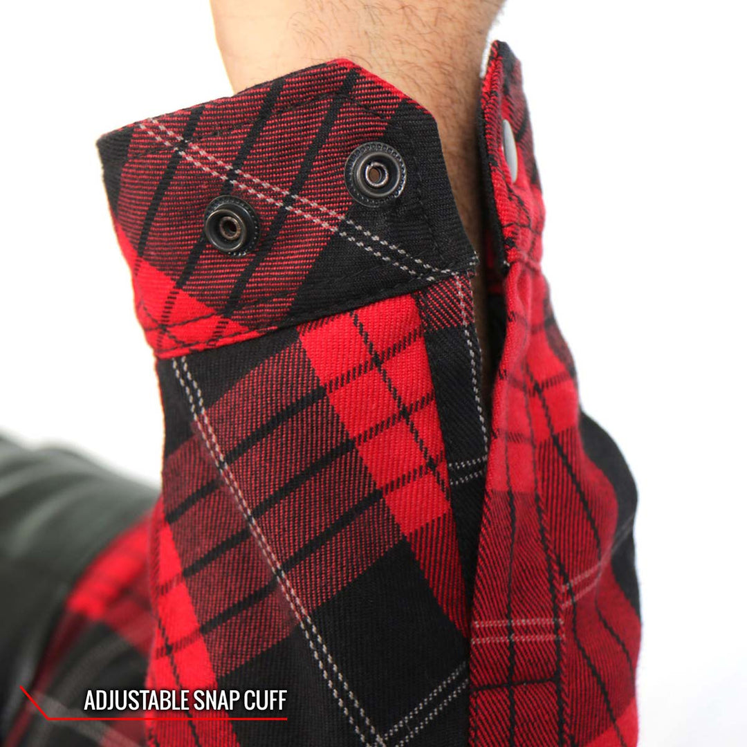 Hot Leathers JKM3201 Men’s CE Armored Flannel Motorcycle Shirt Jacket - Aramid Reinforced w/ Leather Shoulder Panels