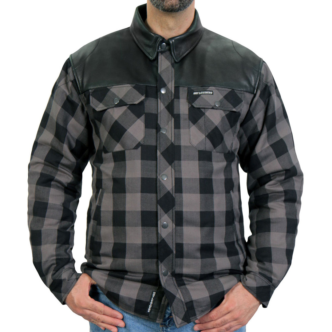 Hot Leathers JKM3203 Men’s CE Armored Flannel Motorcycle Shirt Jacket - Aramid Reinforced w/ Leather Shoulder Panels