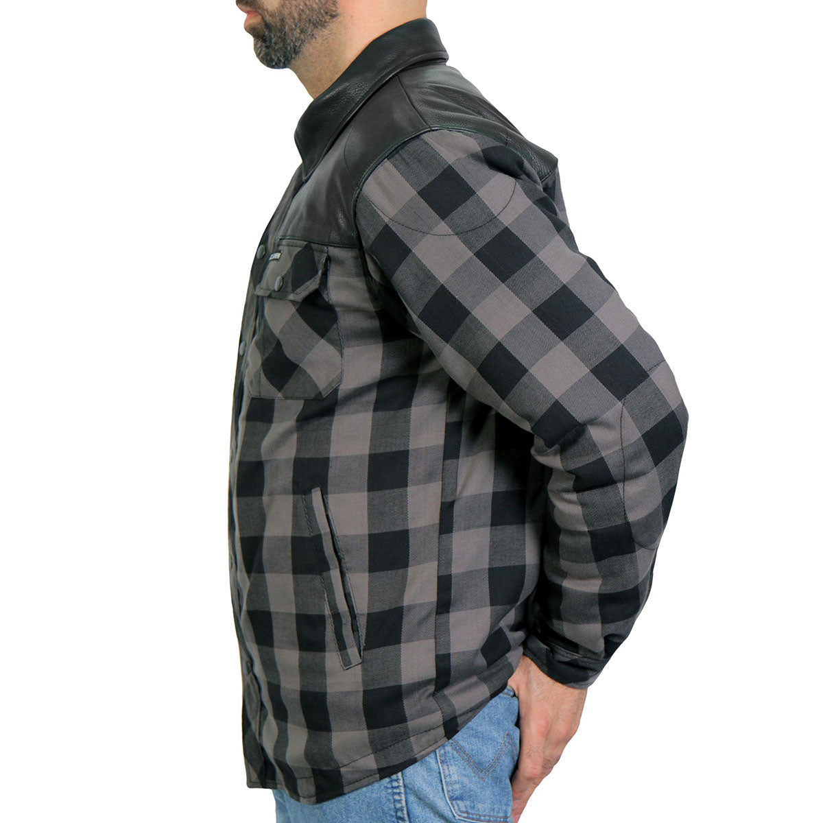 Hot Leathers JKM3203 Men’s CE Armored Flannel Motorcycle Shirt Jacket - Aramid Reinforced w/ Leather Shoulder Panels
