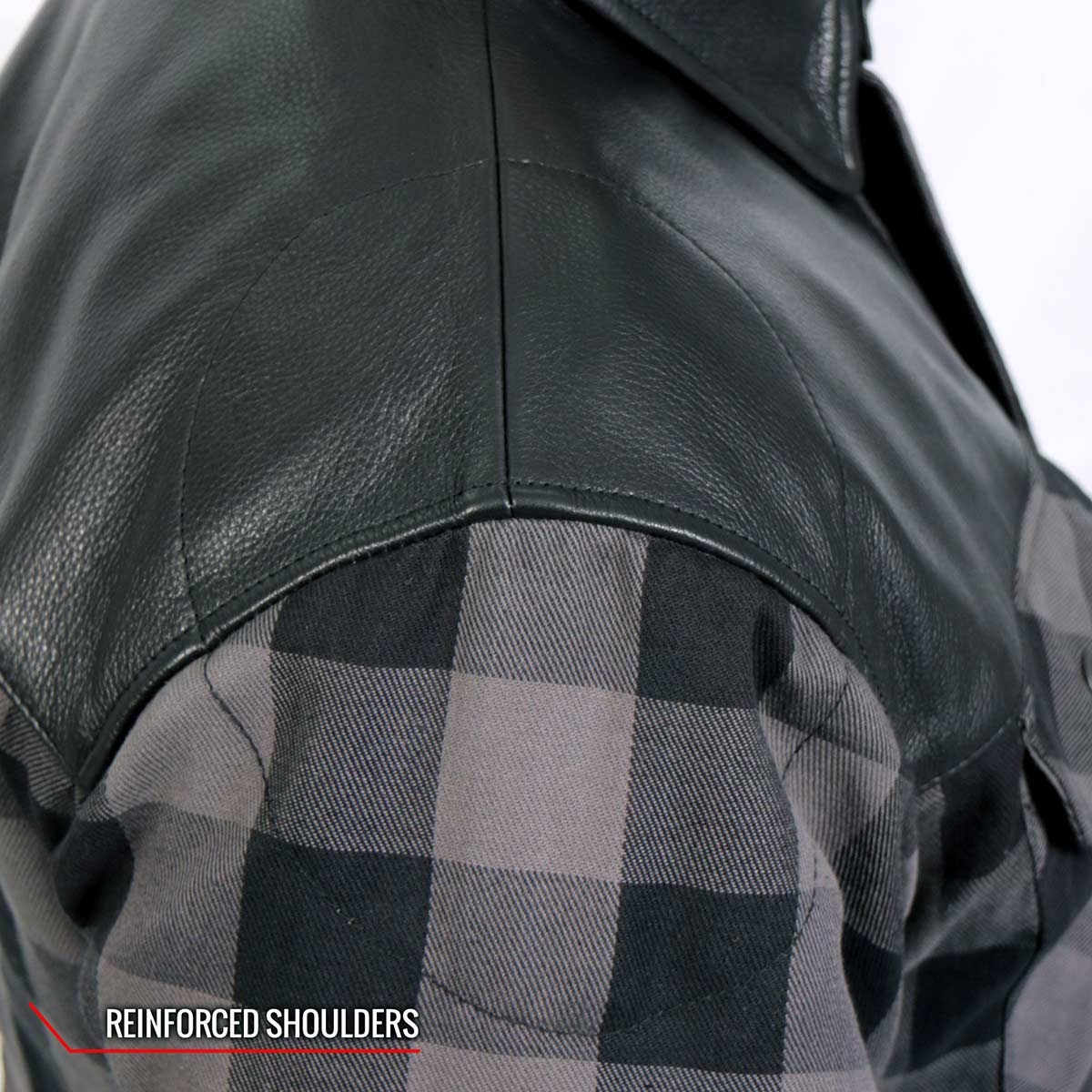 Hot Leathers JKM3203 Men’s CE Armored Flannel Motorcycle Shirt Jacket - Aramid Reinforced w/ Leather Shoulder Panels