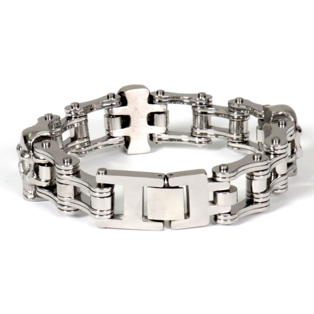 Hot Leathers JWB4109 Double Wide Silver Motorcycle Chain Skull Bracelet