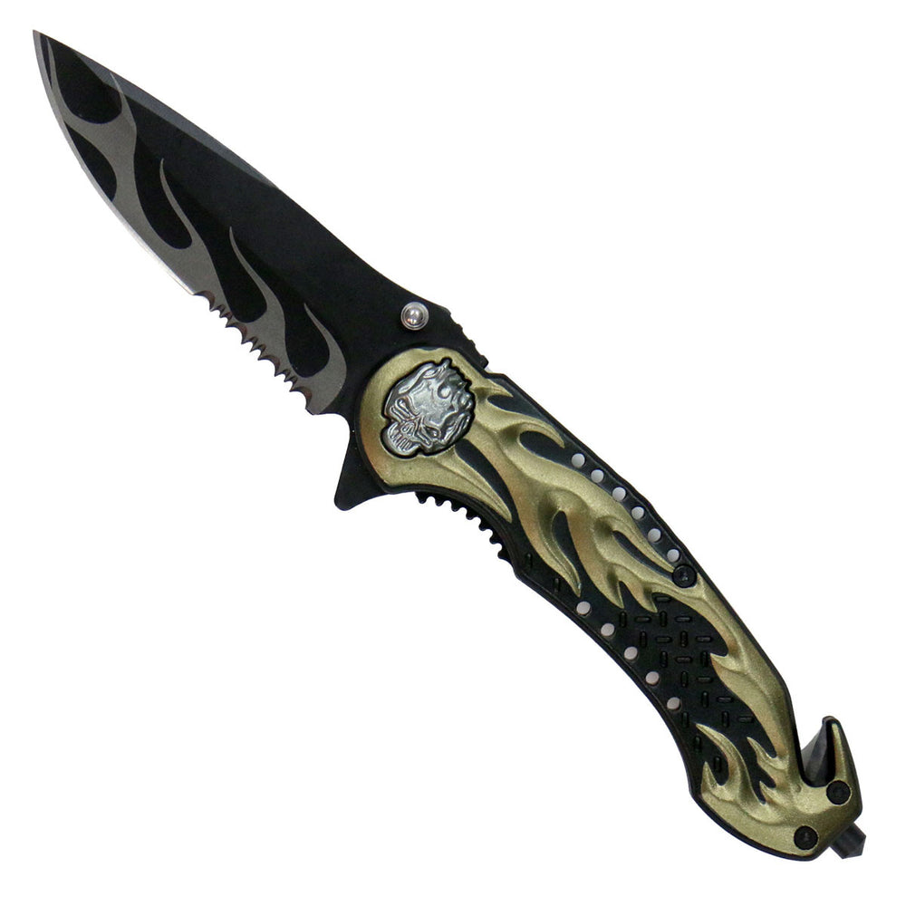 Hot Leathers KNA1134 Gold Flaming Skull 3.5 Folding Knife