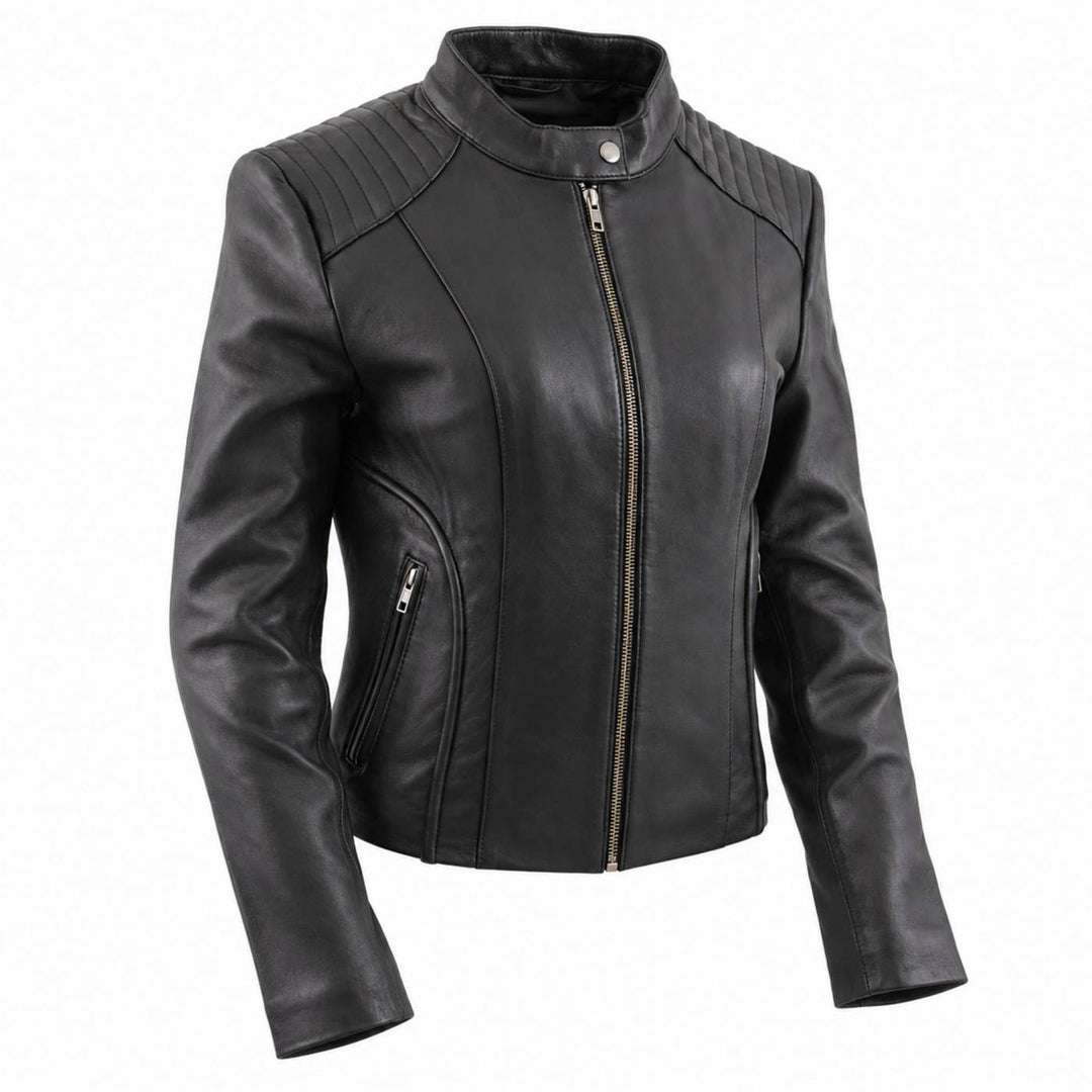Milwaukee Leather LKL2735 Women's Black Premium Leather Scuba Style Biker Jacket w/ Mandarin Collar