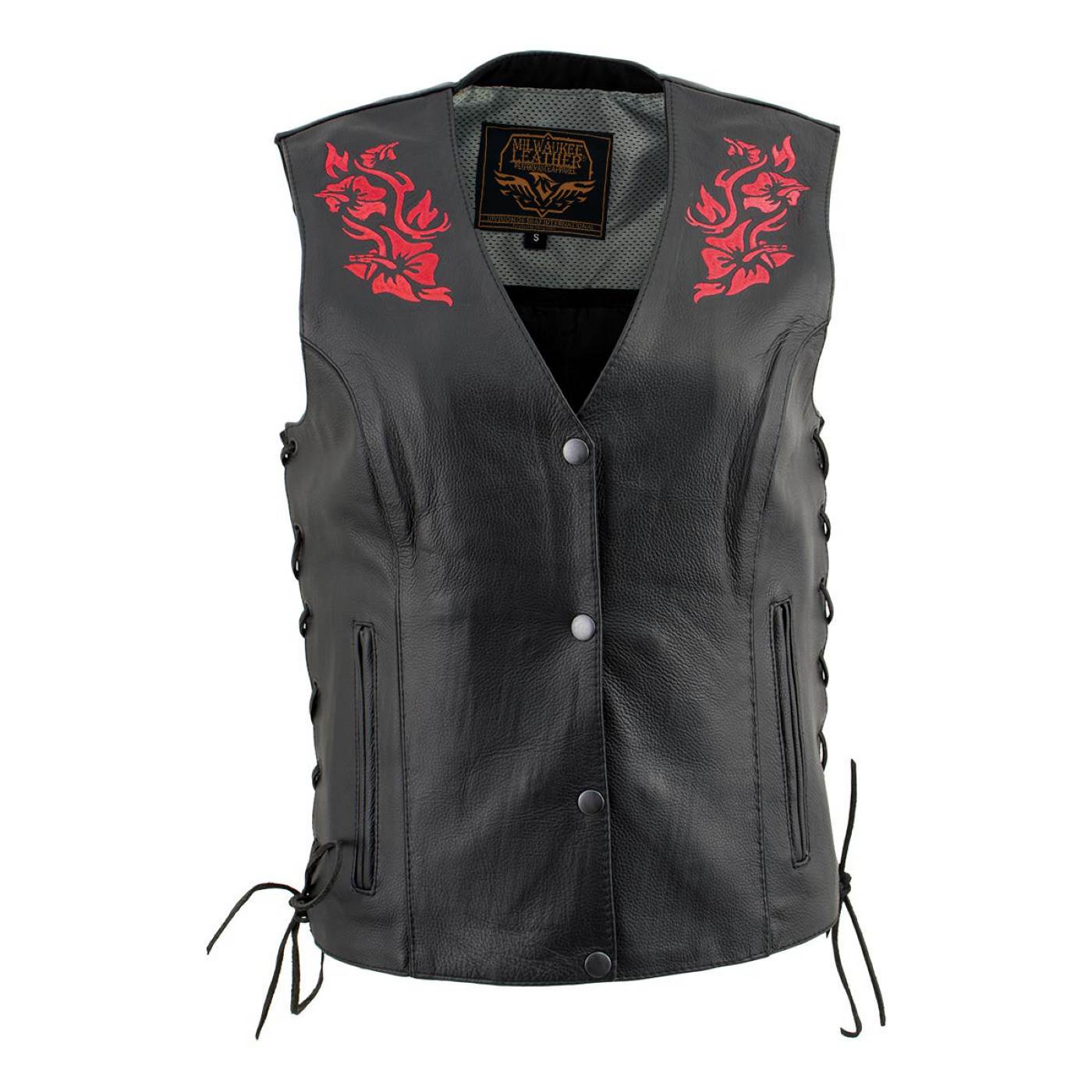 Milwaukee Leather Women's Gemma Black/Red Leather Motorcycle Vest with Side Laces - LKL4718