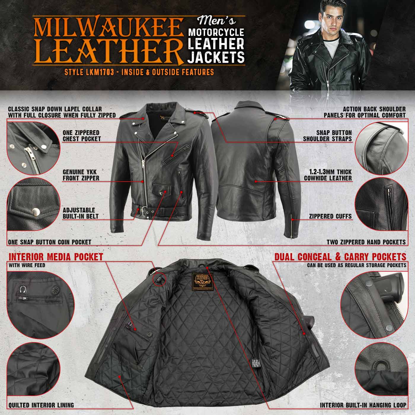 Milwaukee Leather Men's Classic Black Leather Motorcycle Jacket, LKM1703