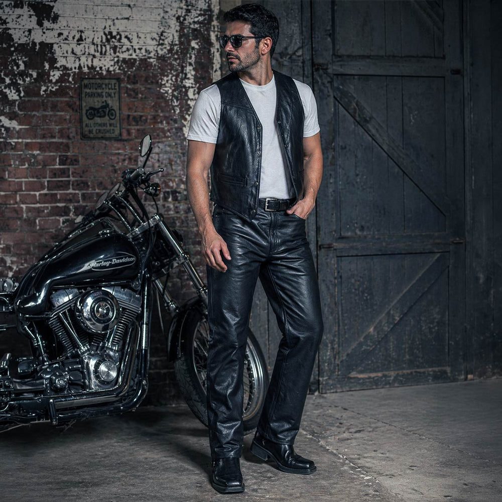 Milwaukee Leather LKM5716 Men's Classic Black Premium Leather Fitted Casual Biker Leather Pants