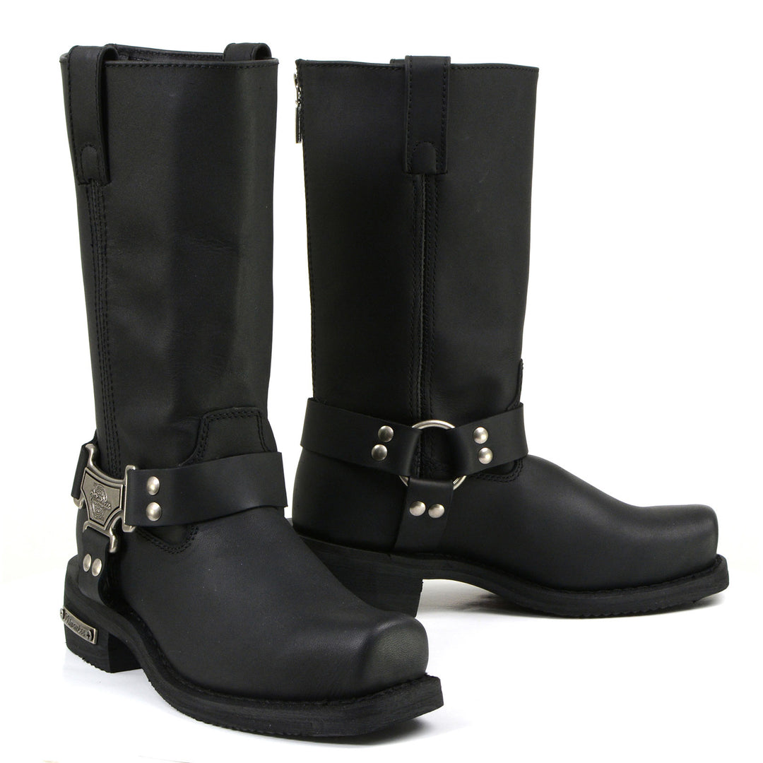 MMCC MB410 Men's Classic Harness Black Leather Biker Boots - Riding Footwear